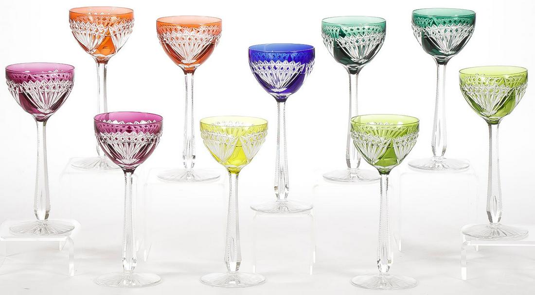 TEN FLASHED CUT STEMWARE WINE GOBLETS: TEN FLASHED CUT STEMWARE WINE GOBLETS. Comprising ten matching stemware goblets, each with prism cut stems and fanned cut bowls with various flashed colors as shown. Greatest height 8 inches. SHIPPING