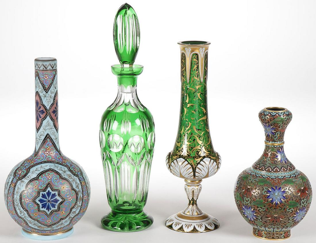 GLASSWARE AND ENAMEL LOT C. 1875-1925: GLASSWARE AND ENAMEL LOT C. 1875-1925. Comprising a likely Thomas Webb Moroccan ware decorated glass bottle. Together with a cut glass decantor with fitted stopper and green flashed surface, an excep