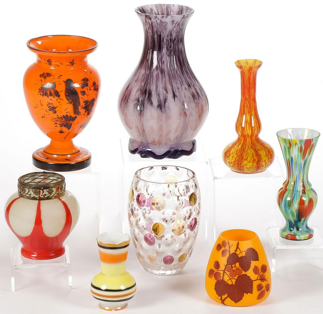 SEVEN VINTAGE CZECH ART GLASS VASES: SEVEN VINTAGE CZECH ART GLASS VASES. Comprising 7 individual vintage Czech art glass vases, of various shapes, sizes, and decoration, including a cameo style vase carved with berry leaves, a lar