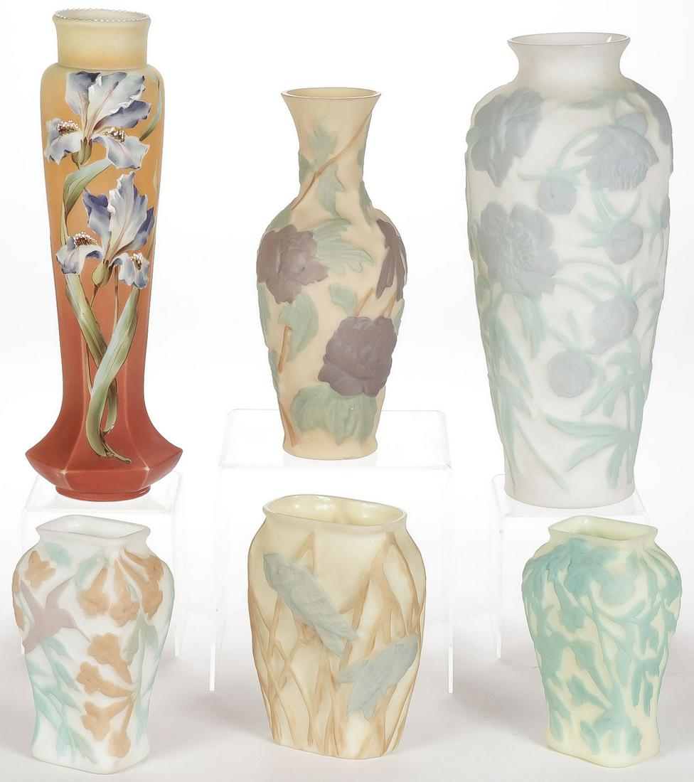 CONSOLIDATED AND NAKARA GLASS GROUP: CONSOLIDATED AND NAKARA GLASS GROUP. Comprising six individual pieces including a large and impressive C.F. Monroe Nakara iris decorated stick vase, and four Phoenix Consolidated Glass Company vases w
