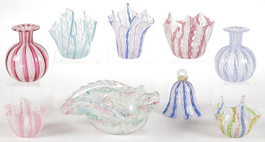 GREAT VENETIAN ART GLASS GROUP: GREAT VENETIAN ART GLASS GROUP. Comprising nine individual pieces including five latticino ribbon handkerchief vases, a beautiful candy tray, two bulbous bottles and a bell. Greatest measurement 8.25 