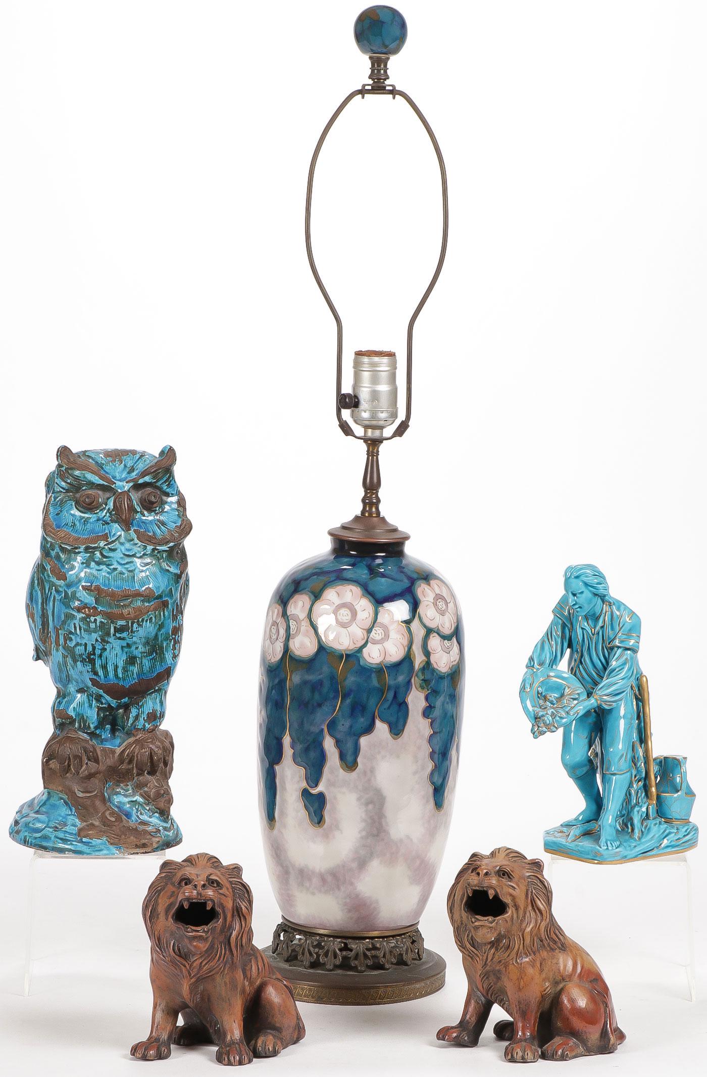 VINTAGE EUROPEAN CERAMICS GROUP C. 1850-1925: VINTAGE EUROPEAN CERAMICS GROUP C. 1850-1925. Comprising a large French Camille Tharaud glazed ceramic lamp base, an interesting blue glazed brownware owl, a blue glazed ceramic gardener and two brown