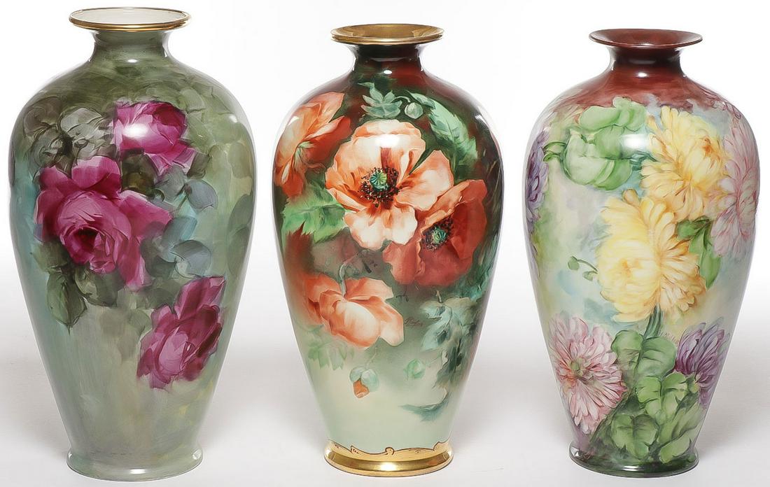 THREE LENOX BELLEEK HAND-PAINTED VASES C. 1910: THREE LENOX BELLEEK HAND-PAINTED VASES C. 1910. Comprising three similarly shaped Belleek porcelain vases, the first painted with roses the second with poppies and with Pickard decorator's mark and in