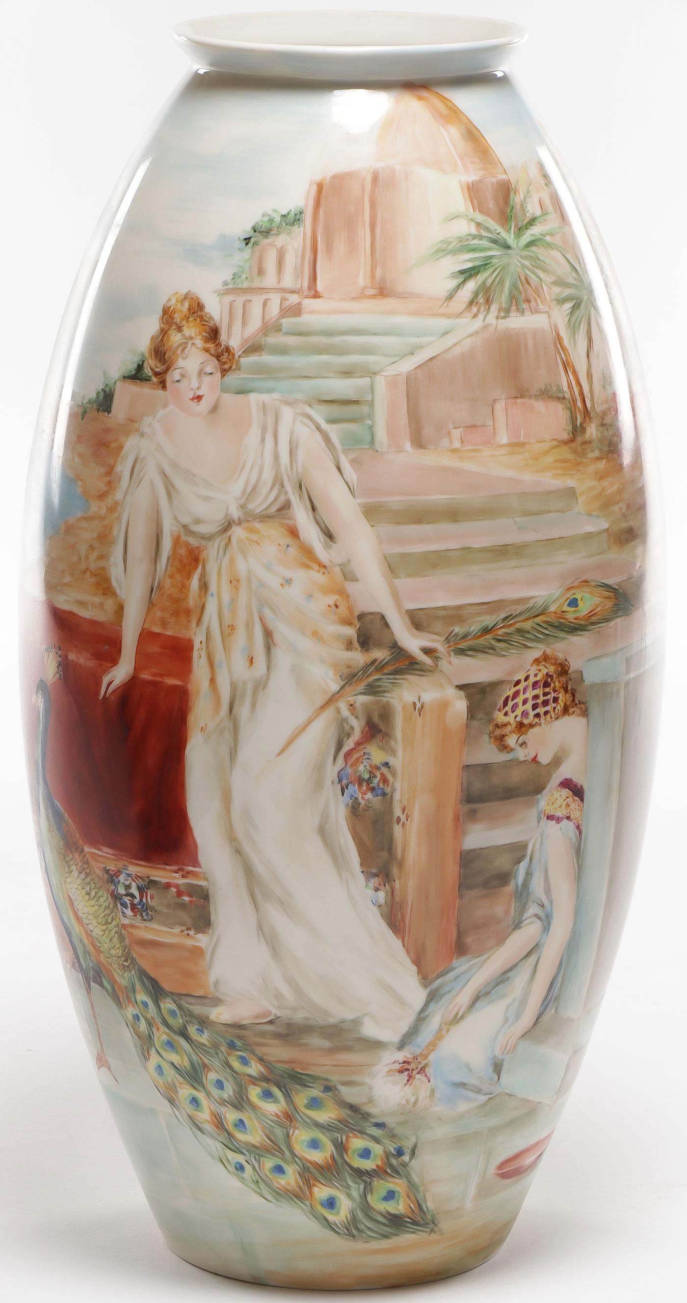 LARGE HP BELLEEK WILLETS VASE C: LARGE HP BELLEEK WILLETS VASE C. Comprising a large and impressive artist signed hand-painted vase depicting two beauties in a Middle Eastern landscape with peacock. Artist signed Gertrude Zeigler. He