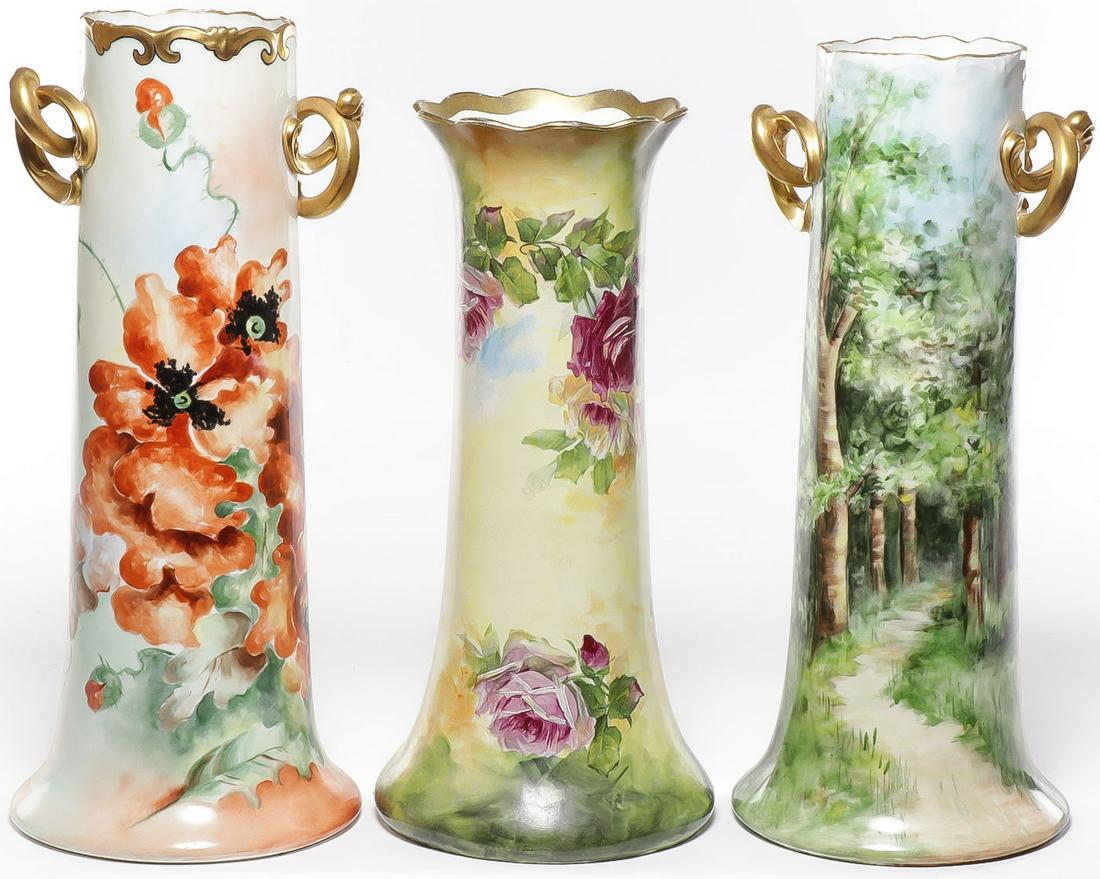 3 LARGE HAND-PAINTED PORCELAIN VASES C. 1910: 3 LARGE HAND-PAINTED PORCELAIN VASES C. 1910. Comprising three individual artist signed hand-painted porcelain vases. The first with poppies artist signed M. Fischer, the second decorated with roses a