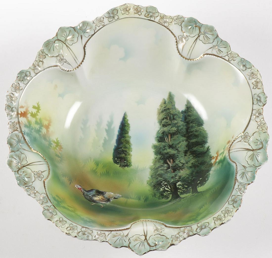 R.S. PRUSSIA TURKEY THEME BOWL: R.S. PRUSSIA TURKEY THEME BOWL. Verso with red star mark. Diameter 11 inches. SHIPPING NOTICE: Jackson's is your sole and only source for one stop packing and shipping. With over 50 years of experienc