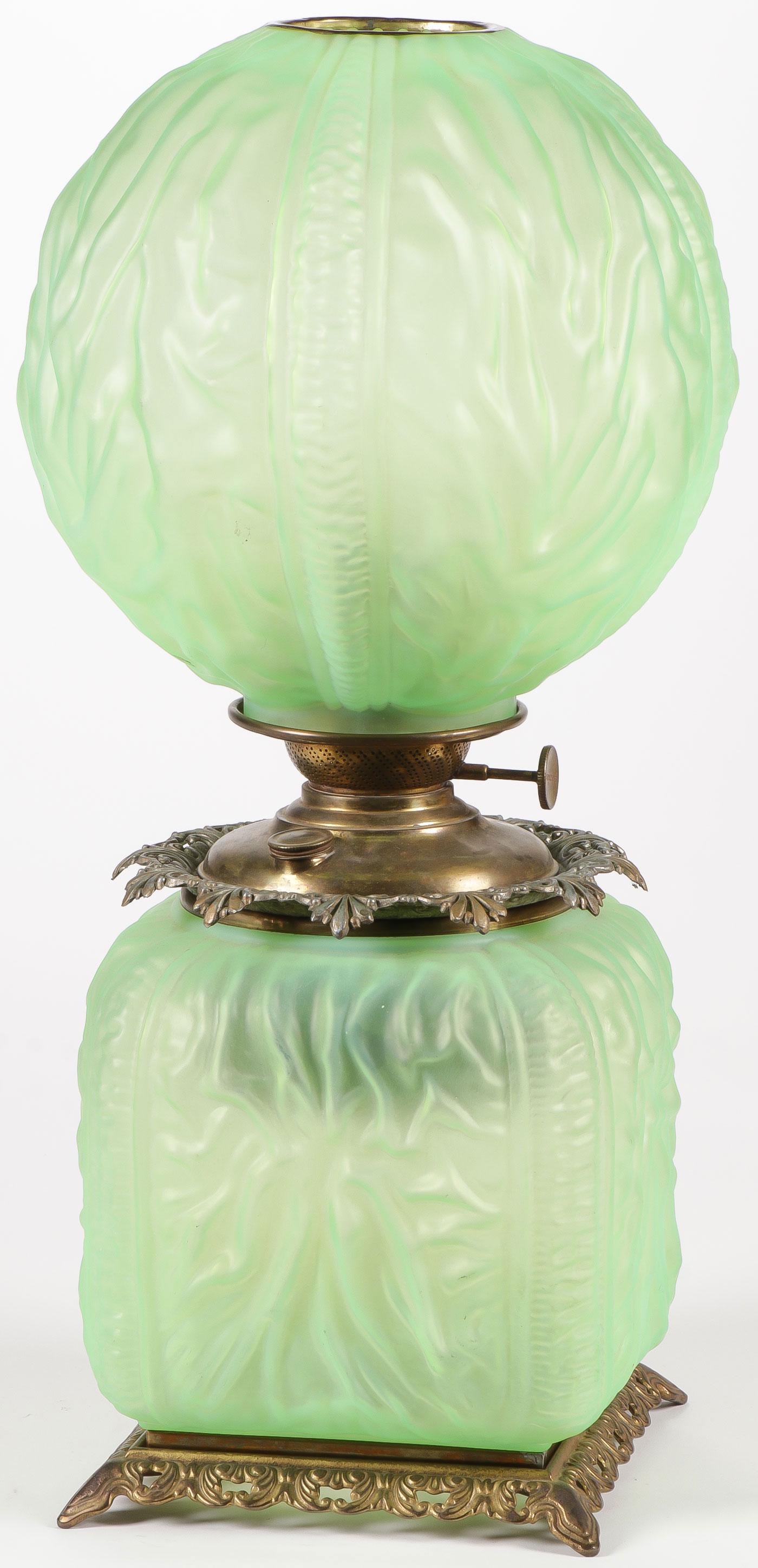 FINE PITTSBURGH SQUARE BASE PARLOR LAMP: FINE PITTSBURGH SQUARE BASE PARLOR LAMP. In rare green satin glass in drape pattern. Not electrified. Height 22 inches. SHIPPING NOTICE: Jackson's is your sole and only source for one stop packing and
