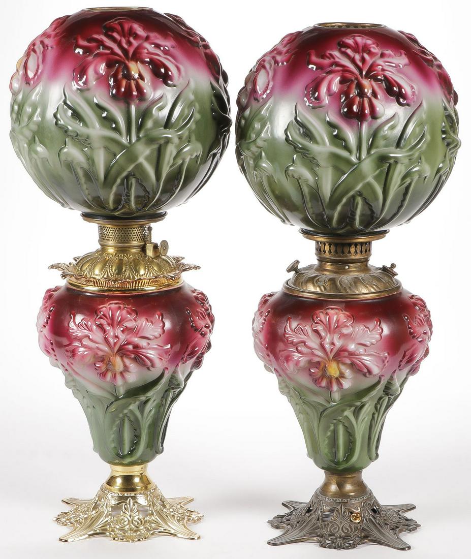 GREAT PR BLOWN OUT GWTW LAMPS: GREAT PR BLOWN OUT GWTW LAMPS. Comprising a pair of Pittsburgh double globe blown out parlor lamps in rare Regal Iris Opal pattern. One electrified, the other not. Greatest height 26 inches. SHIPPING 