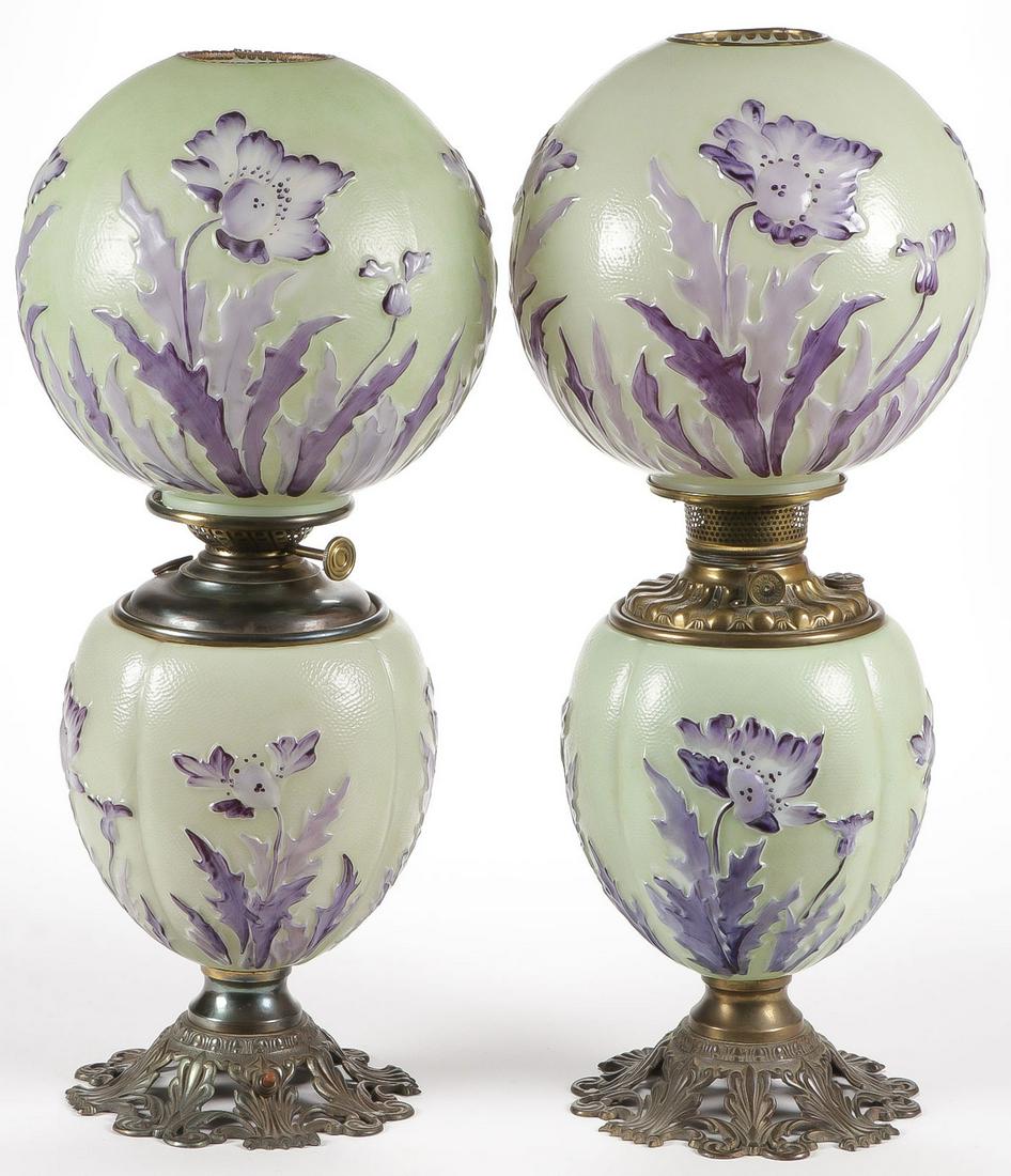 GREAT PAIR OF PITTSBURGH GWTW PARLOR LAMPS: GREAT PAIR OF PITTSBURGH GWTW PARLOR LAMPS. Comprising a pair of Pittsburgh Lamp Company double globe parlor lamps in relief poppy opal decorated pattern. Both electrified, need rewiring. Height 22.75