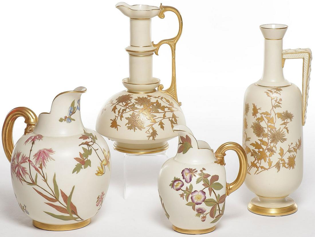 ROYAL WORCESTER PITCHERS AND EWERS: ROYAL WORCESTER PITCHERS AND EWERS. Comprising four individual pieces, beautifully hand-painted and gilt decorated throughout. Greatest height 12 inches. SHIPPING NOTICE: Jackson's is your sole and on