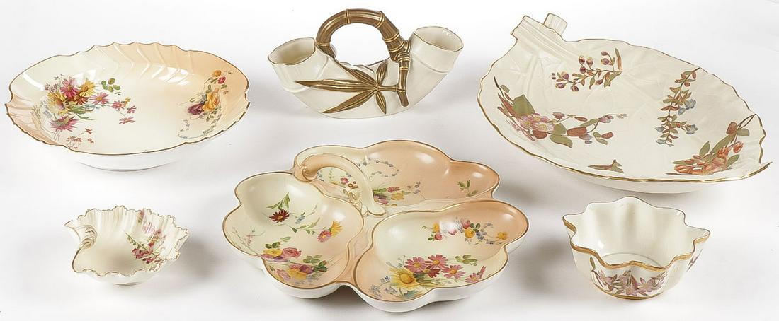 SIX PIECES ROYAL WORCESTER: SIX PIECES ROYAL WORCESTER. Comprising six individual pieces including bowls, trays, platters and vases, as shown. Greatest measurement 13.5 inches. SHIPPING NOTICE: Jackson's is your sole and only so