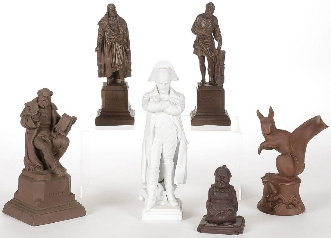 MEISSEN AND OTHER FIGURES: MEISSEN AND OTHER FIGURES. Comprising three brown porcelain figures from German arts including Durer, Kraft and Hans Sachs, and a Meissen marked squirrel and a brown porcelain pastille burner in the s