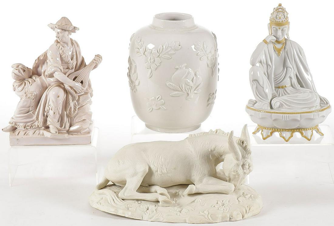 CONTINENTAL PORCELAIN GROUP 18TH/19TH C: CONTINENTAL PORCELAIN GROUP 18TH/19TH C. Comprising a tin glazed figure of an oriental musician, a French white jar with raised flower decoration (probably St. Cloud), a Schlaggenwald porcelain Buddha