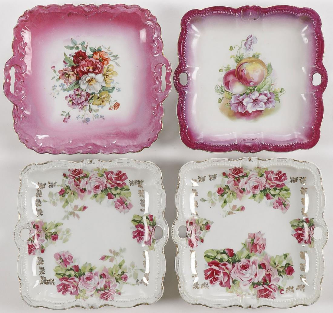 SEVEN BAVARIAN SQUARE PORCELAIN TRAYS: SEVEN BAVARIAN SQUARE PORCELAIN TRAYS. The rims of each with pierced handles of square form with rounded corners and profusely decorated with floral décor and pheasant. Greatest measurement 10.75