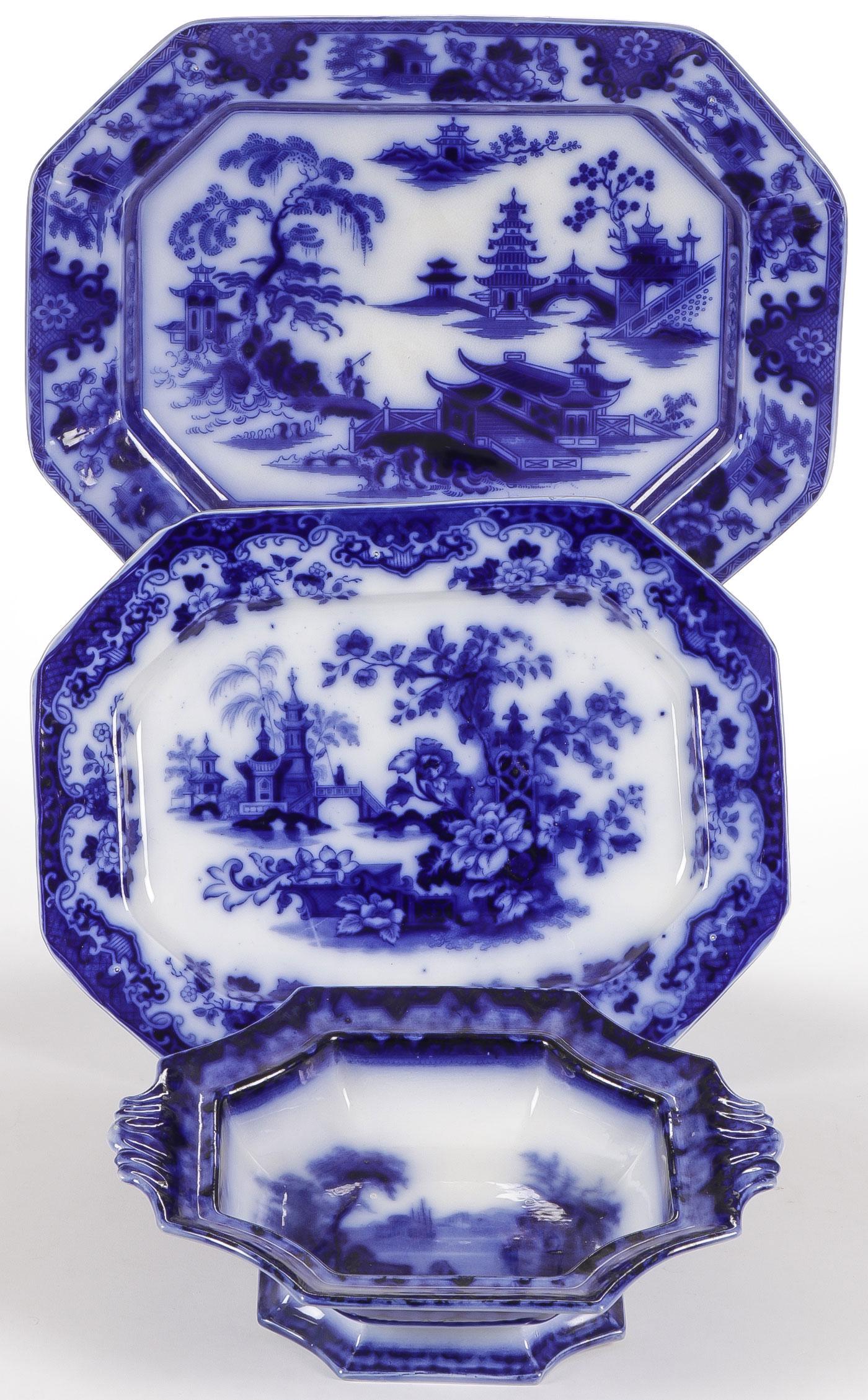 LARGE FLOW BLUE PLATTERS, TONQUIN & SOBRAON: LARGE FLOW BLUE PLATTERS, TONQUIN & SOBRAON. Comprising three individual pieces, including a fine Adams & Son "Tonquin" pattern serving platter, length 17.5 inches, a "Sobraon" pattern serving platter