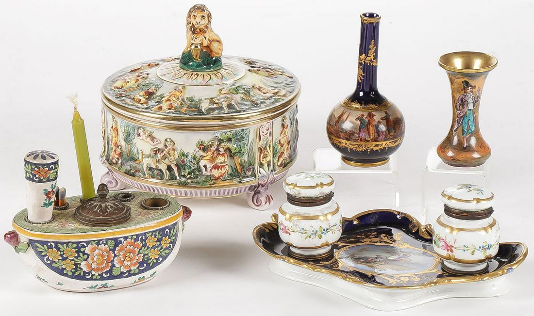 A GOOD EUROPEAN CERAMICS GROUP 19TH C: A GOOD EUROPEAN CERAMICS GROUP 19TH C. Comprising five individual pieces, including a charming French faience ware ink well and writing set with integral blank seal, a Capodimonte footed and covered j
