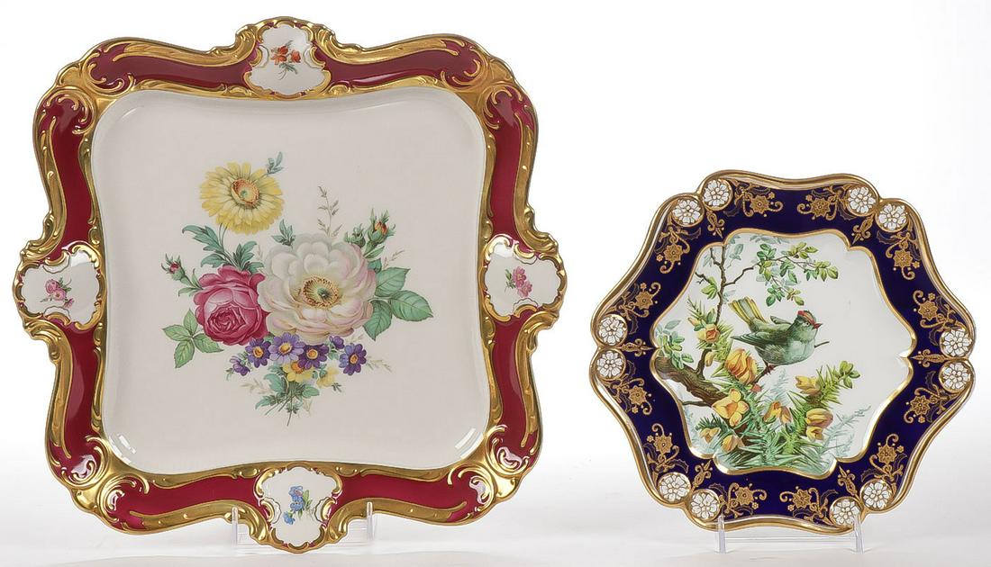 GERMAN AND ENGLISH PORCELAIN: GERMAN AND ENGLISH PORCELAIN. Comprising a Bavarian square tray with gilt scroll orders and flower decoration. Together with an exceptional hand-painted Coalport cabinet plate with cobalt and gilt dec