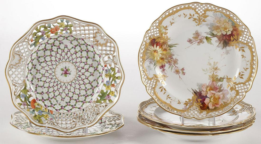 EXCEPTIONAL DRESDEN & KPM PORCELAIN PLATES: EXCEPTIONAL DRESDEN & KPM PORCELAIN PLATES. Comprising two spectacular hand-painted floral decorated plates with pierced borders, verso marked Dresden and inscribed with retailer of Bailey, Banks & Bi
