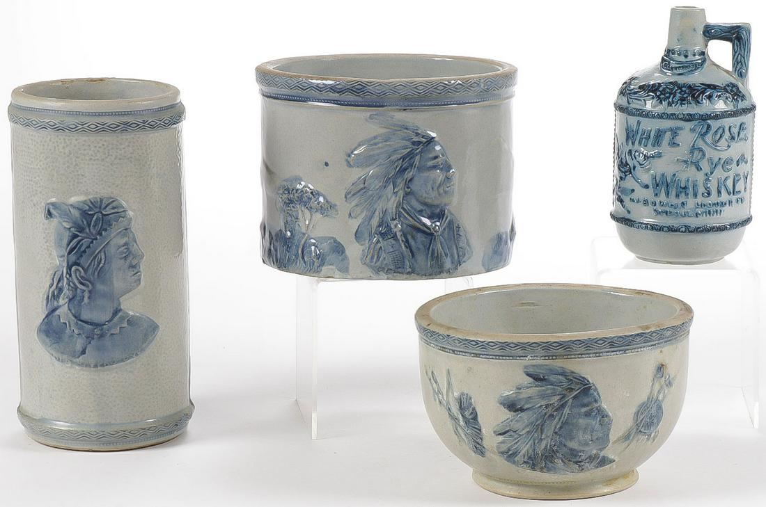 BLUE & GRAY SLEEPY EYE STONEWARE: BLUE & GRAY SLEEPY EYE STONEWARE. Comprising three blue and gray Sleepy Eye stoneware decorated vessels including a vase, bowl and crock. Together with a blue and gray stoneware White Rose Whiskey jug