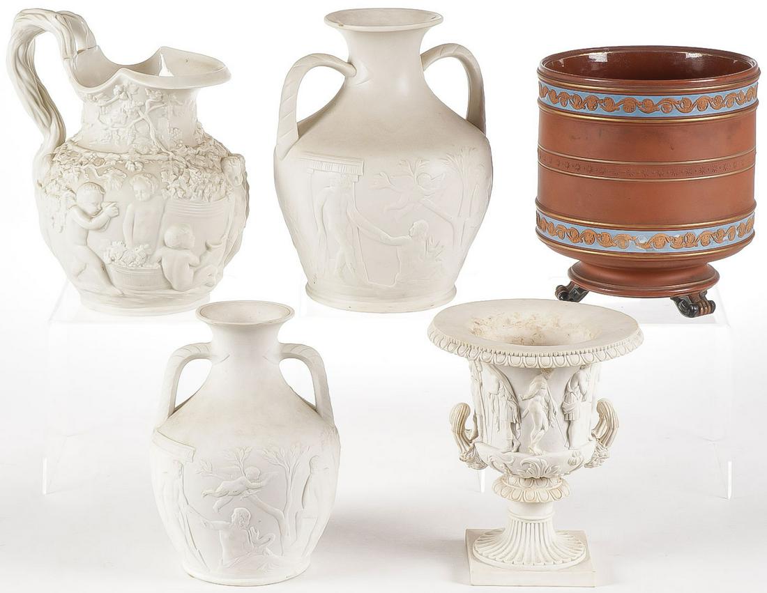 VINTAGE ENGLISH CERAMICS 19TH C: VINTAGE ENGLISH CERAMICS 19TH C. Comprising five individual pieces including a footed Watcombe Torquay jardiniÃˆre in redware, together with a large parianware Portland vase (top row center), a pari
