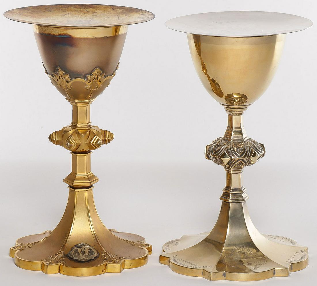 PAIR OF SILVER GILT AND GOLD-PLATED CHALICES: PAIR OF SILVER GILT AND GOLD-PLATED CHALICES. Comprising a gold-plated sterling chalice and paten (right) and a gold-plated brass chalice with sterling cup and paten (left). Each with dedicatory inscr