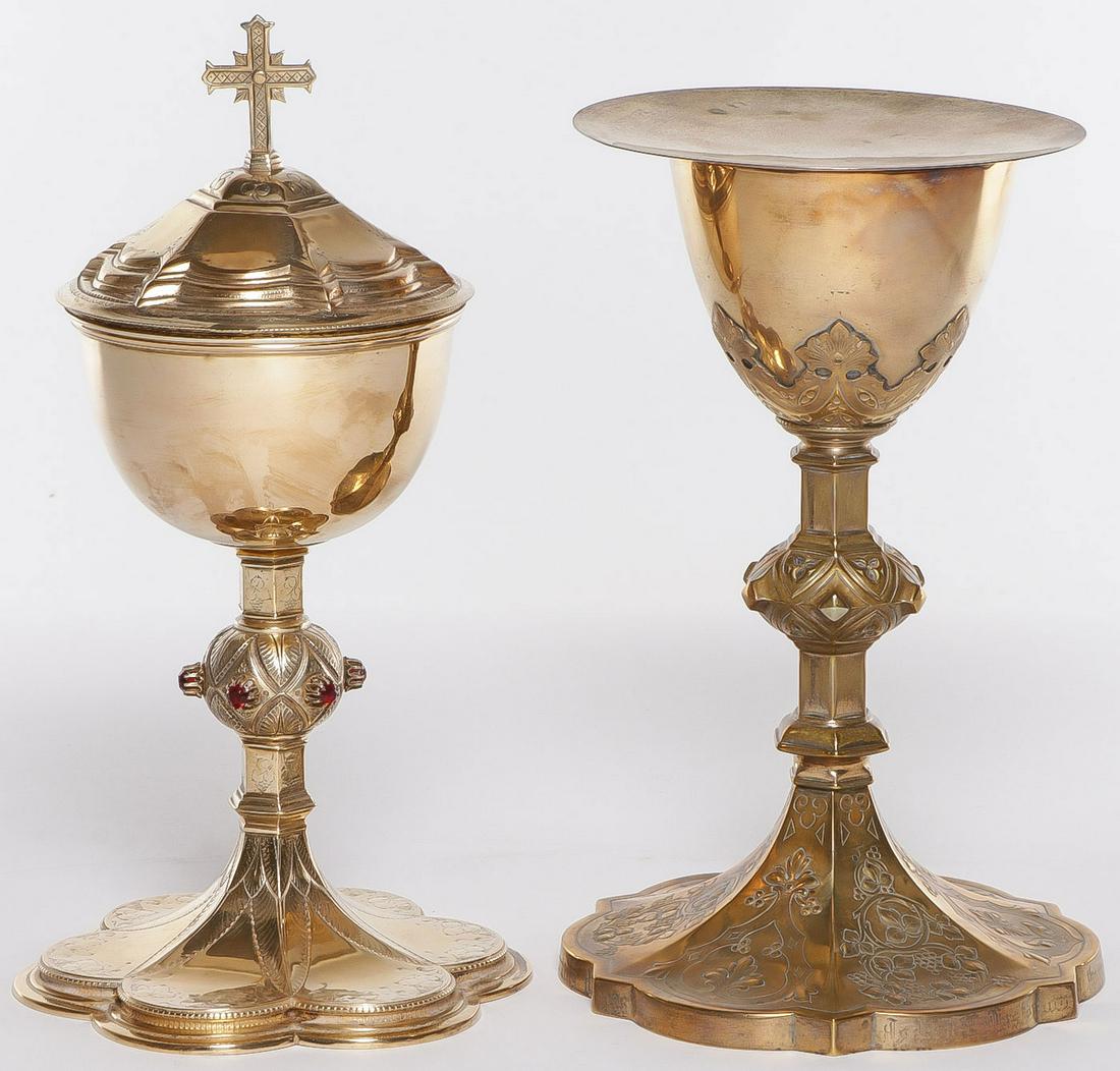 A SILVER AND GILT METAL CIBORIUM AND CHALICE: A SILVER AND GILT METAL CIBORIUM AND CHALICE. The gilt brass ciborium with paste stone decorated node and with silver cup with fitted lid displaying cross finial together with a repoussé and part