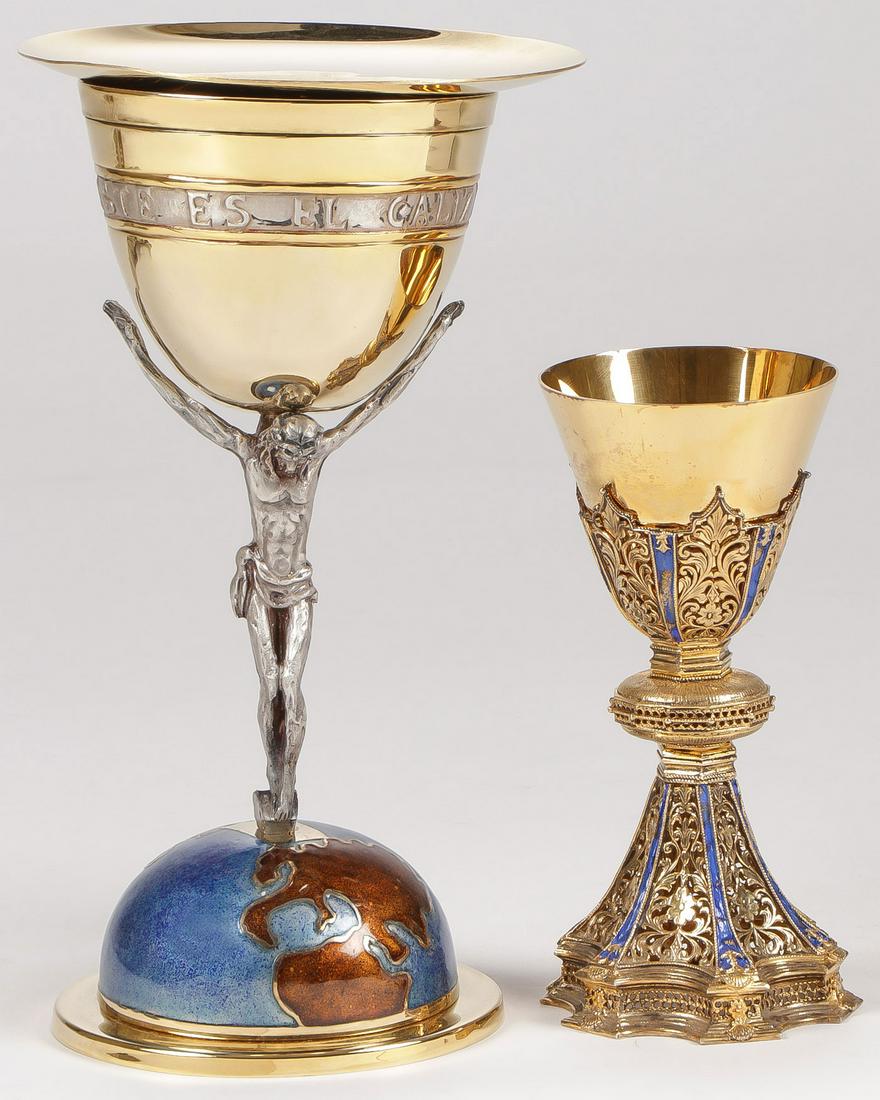 TWO ORNATE CHALICES: TWO ORNATE CHALICES. The first chalice with Limoges enameled base representing the northern hemisphere and the stem modeled as the crucified Christ his upstretched arms supporting a brightly gilded cu