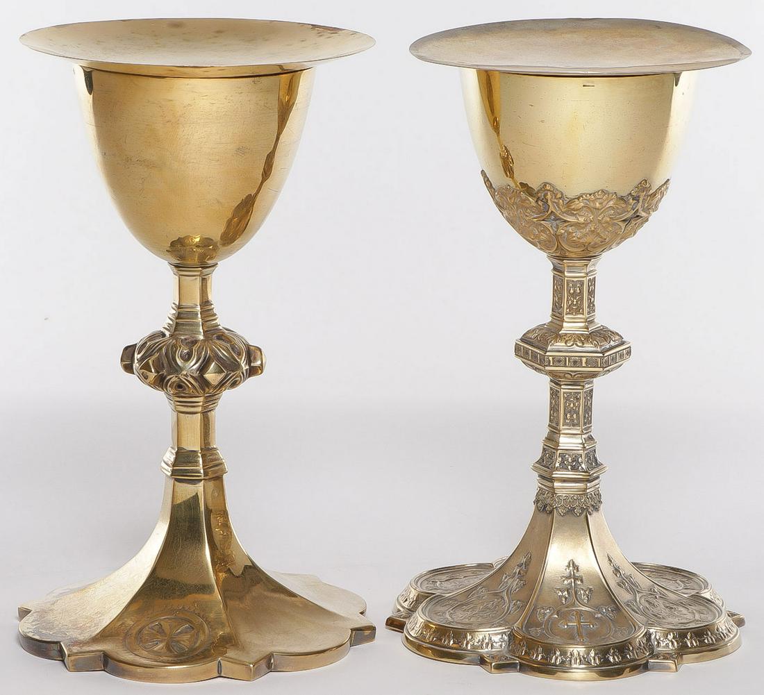 PAIR OF GILT METAL AND STERLING CHALICES: PAIR OF GILT METAL AND STERLING CHALICES. Each with sterling cup and gilt sterling paten, and one with extensive dedicatory inscription engraved on underside of base dated 1925. Greatest height 9.8 in