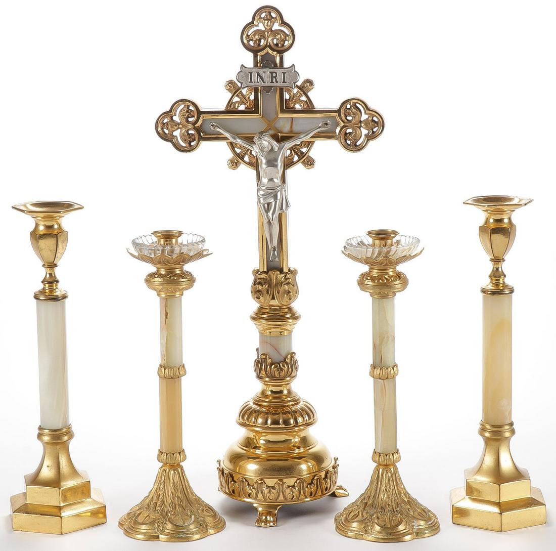 ALTAR CRUCIFIX AND CANDLE STANDS: ALTAR CRUCIFIX AND CANDLE STANDS. Comprising a large and impressive altar crucifix with onyx column and onyx backed open work crucifix mounted with a silvered Corpus Christi, together with two matchin