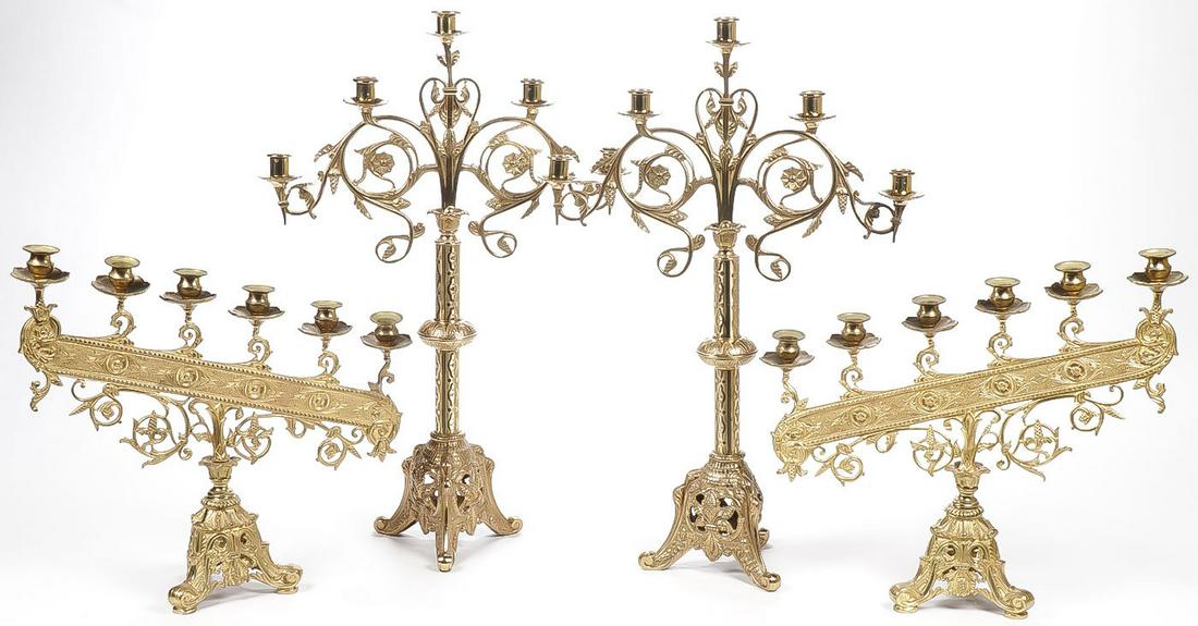 PAIR GILT BRONZE CANDLESTANDS: PAIR GILT BRONZE CANDLESTANDS. Comprising a pair of ornate gilt bronze candelabra, probably French, circa 1920. Including a pair of matching five light candelabra and a pair or matching six-light cand