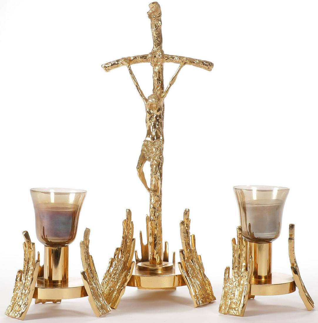 A BEAUTIFUL GILDED BRONZE PAPAL ALTAR CRUCIFIX: A BEAUTIFUL GILDED BRONZE PAPAL ALTAR CRUCIFIX & CANDLE HOLDERS. Italian last part of the 20th century. Height of crucifix 17.5 inches. The model for the crucifix is based on the croiser designed by n