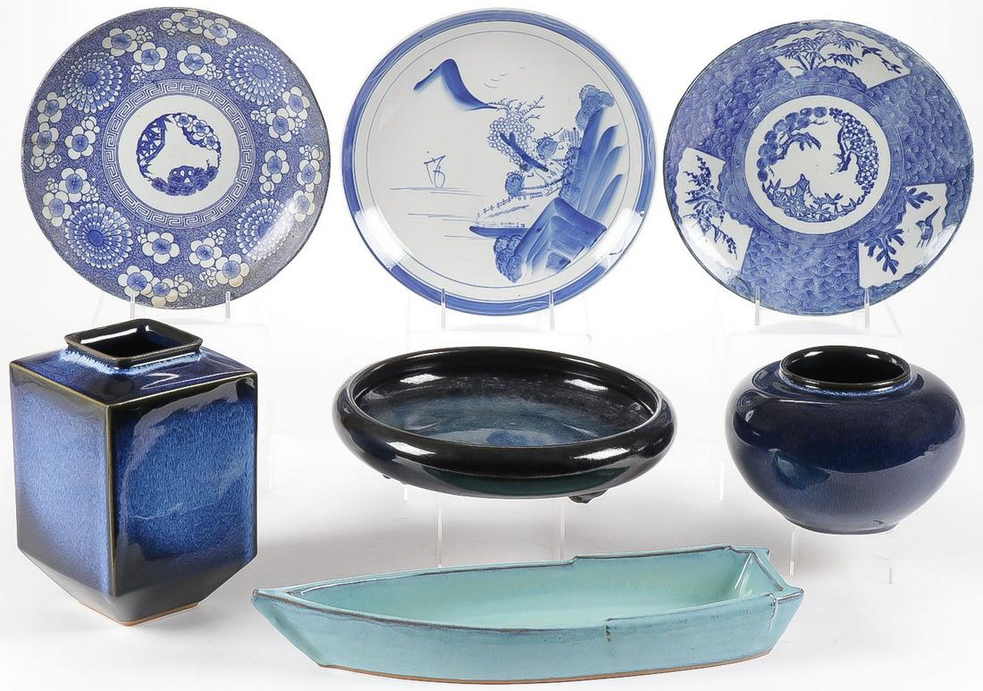 MIXED ASIAN PORCELAIN AND CERAMICS GROUP: MIXED ASIAN PORCELAIN AND CERAMICS GROUP. Comprising seven individual pieces including blue and white glazed examples and other earthenware glazed examples as shown. Greatest length 16.25 inches. SHIP