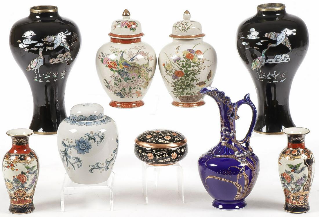 MIXED ASIAN DECORATIVE ARTS GROUP: MIXED ASIAN DECORATIVE ARTS GROUP. Comprising a pair of enameled and Mother of Pearl crane decorated porcelain, two matching covered ginger jars, a pair of satsuma style decorated vases, an ewer, anot