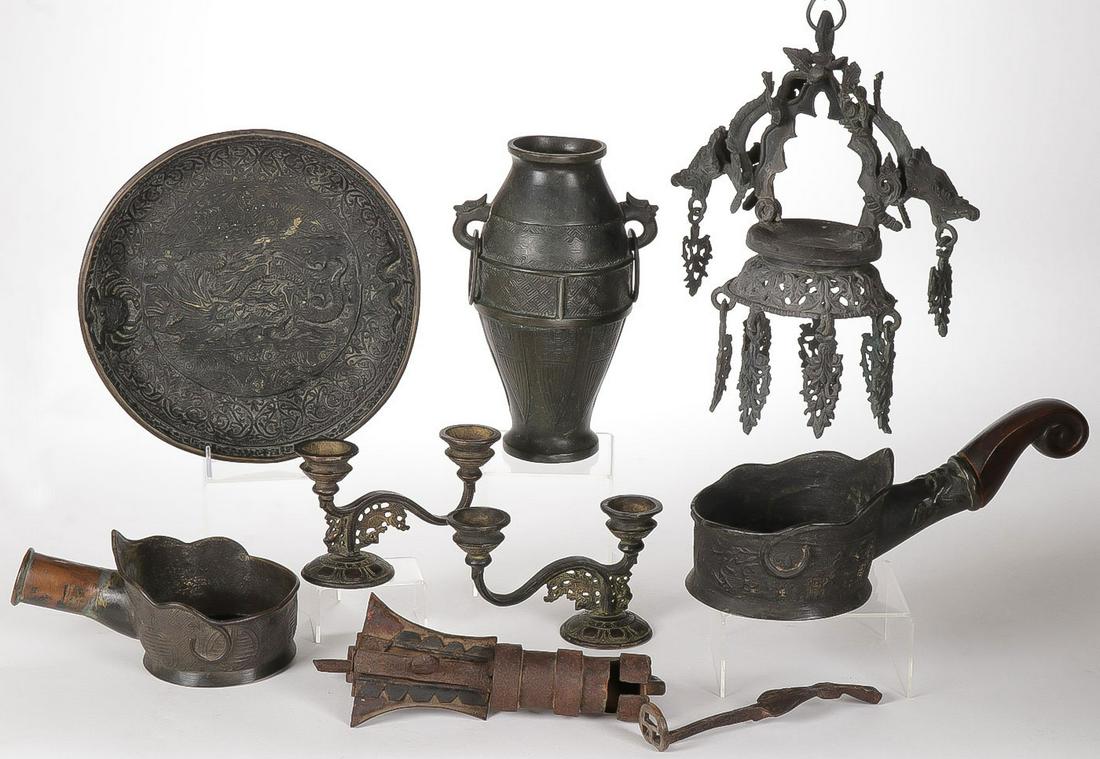 ASIAN BRONZE DECORATIVE ARTS GROUPING: ASIAN BRONZE DECORATIVE ARTS GROUPING. Comprising eight individual bronze pieces including a bronze vase with ring handles, a bronze bowl with raised dragon decoration, two bronze silk irons, a pair o