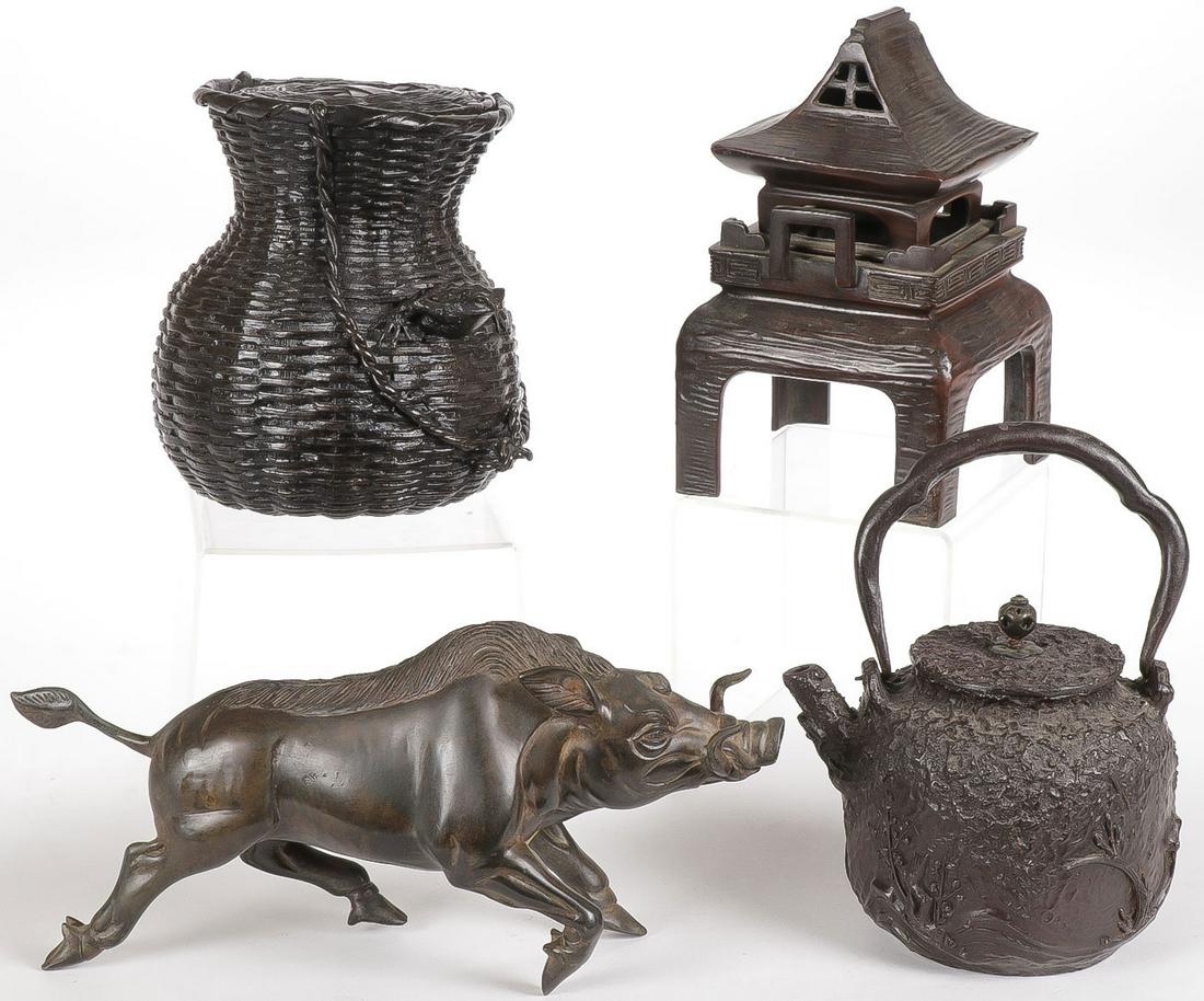 ASIAN BRONZE GROUP: ASIAN BRONZE GROUP. Comprising four individual pieces. Including a bronze lidded jar in the form on a woven basket, a two-piece bronze incense burner in the form of a building, a bronze wild boar and 