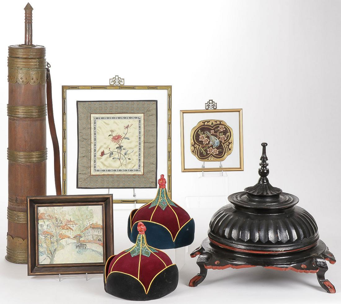 MIXED ASIAN DECORATIVE ARTS GROUP: MIXED ASIAN DECORATIVE ARTS GROUP. Comprising a wood and brass Tibetan yak butter churn with carrying strap, two framed embroidered panels, an oil on Masonite cityscape painting, a pair of velvet Asia