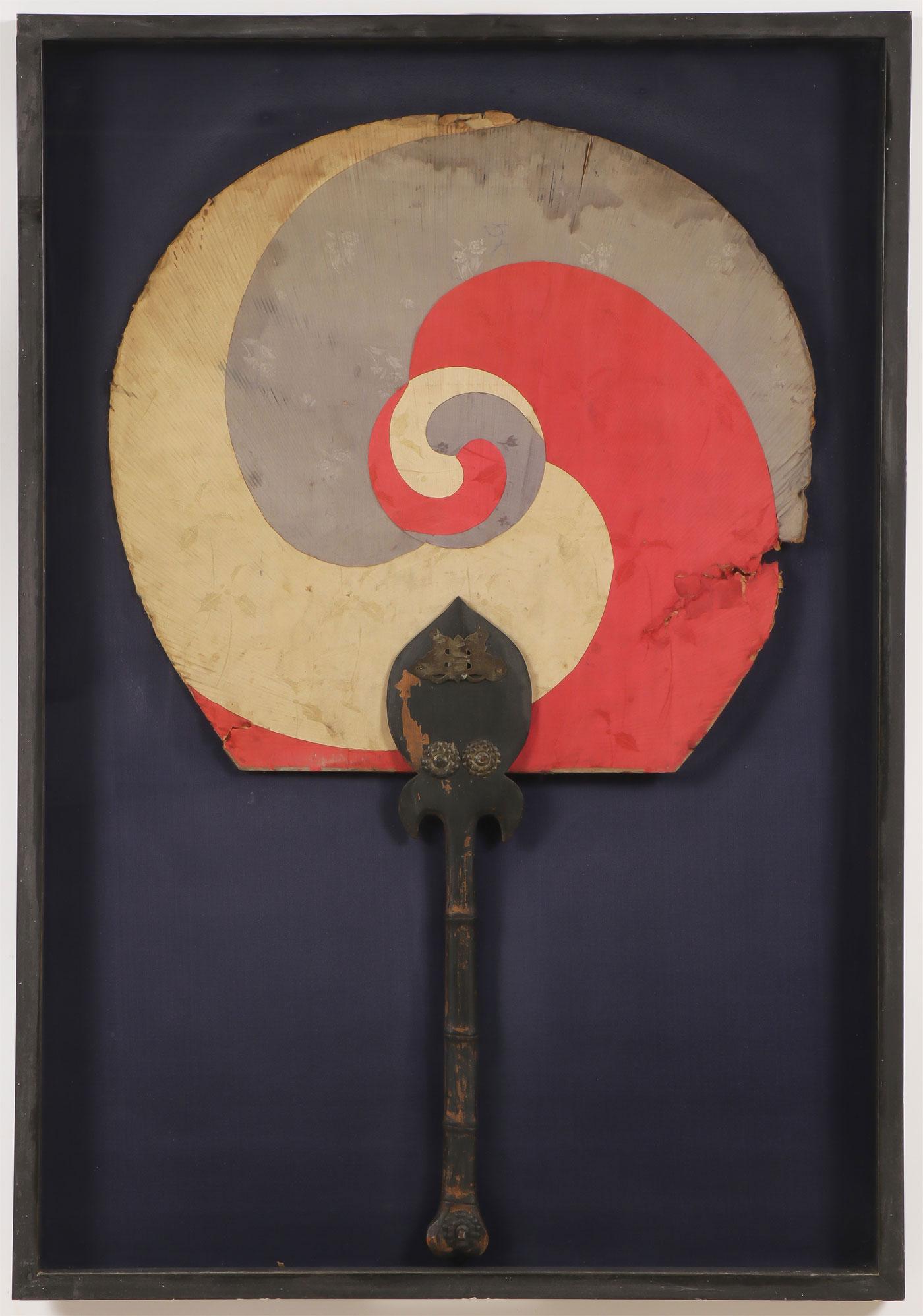 LARGE VINTAGE ASIAN PADDLE FAN: LARGE VINTAGE ASIAN PADDLE FAN. Comprising an attractively framed old silk large paddle fan with carved wood handle, modeled as bamboo and with metal decorative elements, including butterfly. Overall,