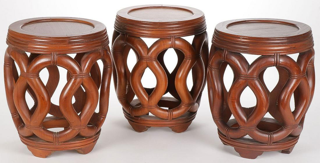 THREE TEAK WOOD GARDEN STOOLS: THREE TEAK WOOD GARDEN STOOLS. Height 16.5 inches, diameter of seat 12 inches. SHIPPING NOTICE: Jackson's is your sole and only source for one stop packing and shipping. With over 50 years of experien