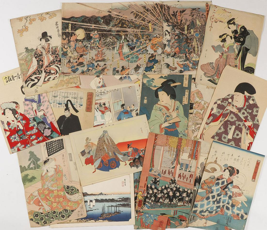 LARGE GROUP JAPANESE WOODBLOCK PRINTS: LARGE GROUP JAPANESE WOODBLOCK PRINTS. Comprising 18 individual unframed Japanese woodblock prints by various artists and depicting various subject matter including interior scenes, kabuki actors, sce