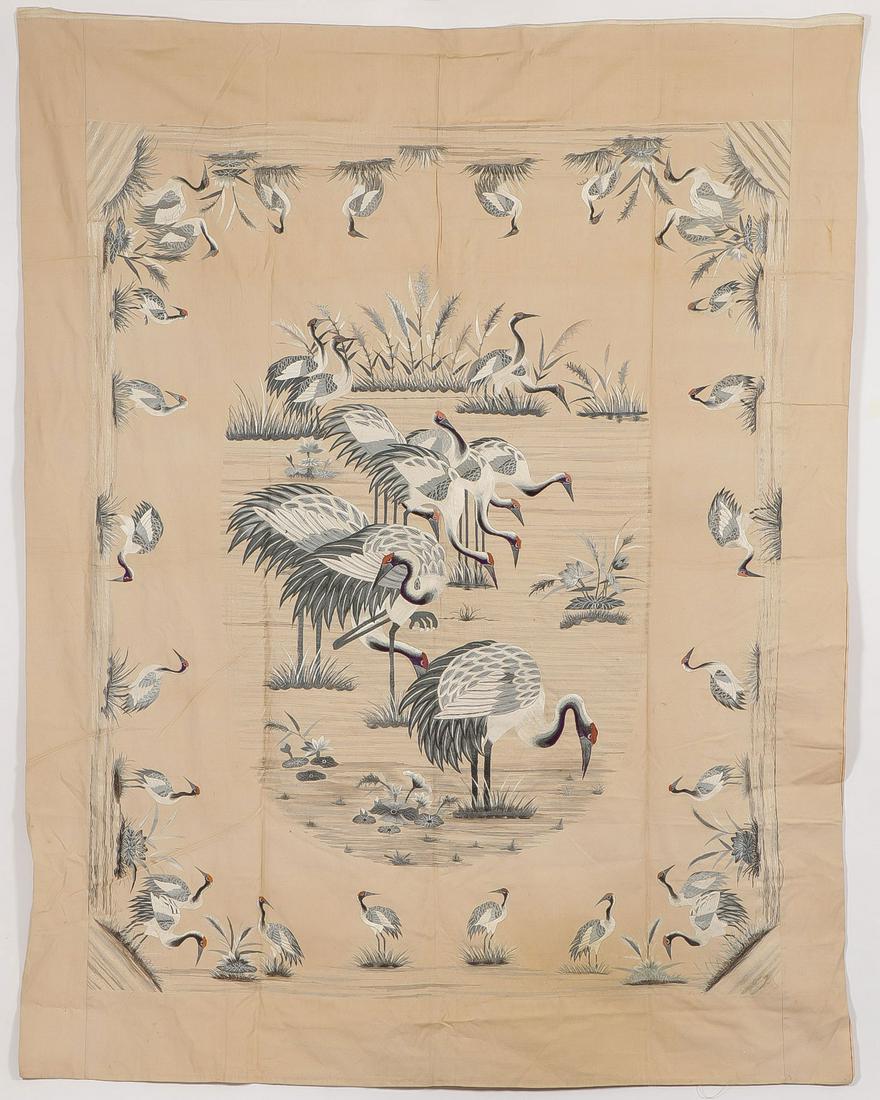 EXCEPTIONAL CHINESE SILK EMBROIDERED PANELS, 19TH: EXCEPTIONAL CHINESE SILK EMBROIDERED PANELS, 19TH C. Comprising a large cream-colored linen panel embroidered with cranes feeding and the border similarly embroidered with cranes, all in colored threa