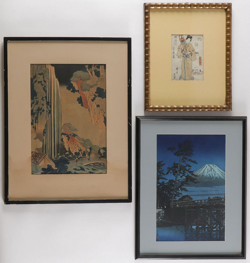3 FRAMED JAPANESE WOODBLOCK PRINTS, INCL. HASUI: 3 FRAMED JAPANESE WOODBLOCK PRINTS, INCL. HASUI. Comprising three Japanese woodblock prints including Mt. Fuji on a Moonlit Night, Kawai Bridge, Kawase Hasui (1883-1957), printed circa 1960, contained