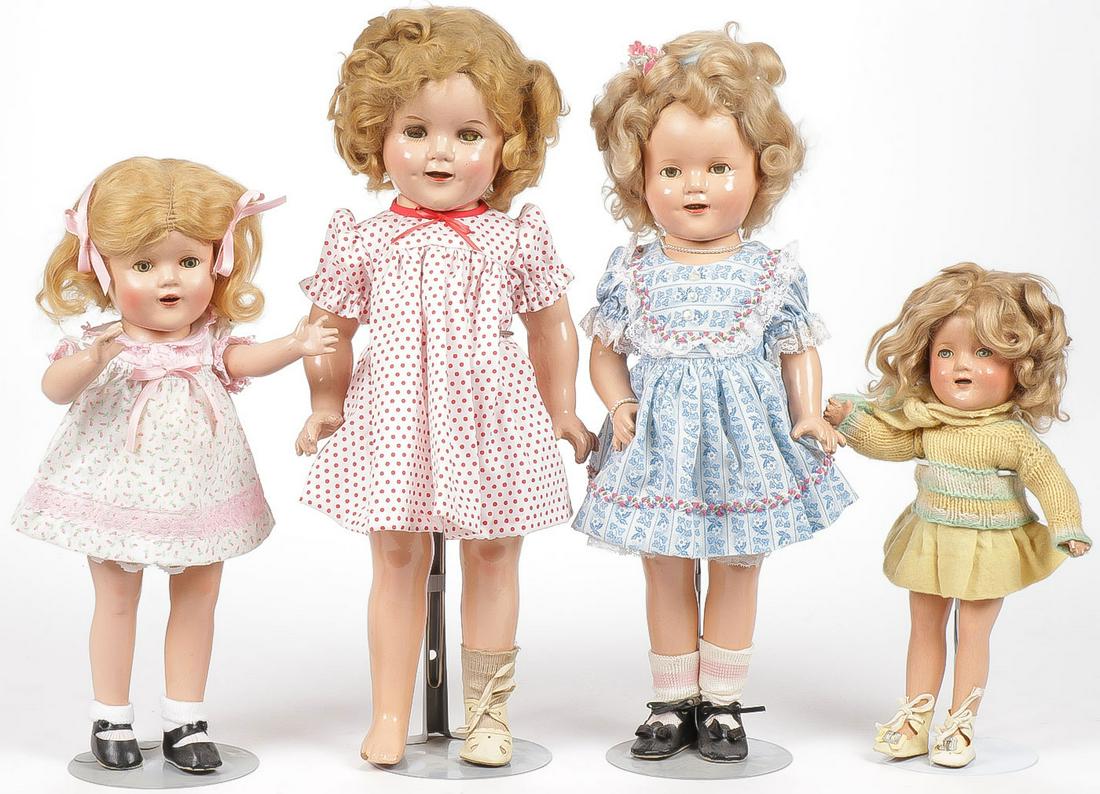 FOUR COMPOSITION SHIRLEY TEMPLE DOLLS: FOUR COMPOSITION SHIRLEY TEMPLE DOLLS. Comprising four Shirley Temple dolls, all circa 1930, all being redressed. Greatest height 18 inches. SHIPPING NOTICE: Jackson's is your sole and only source for