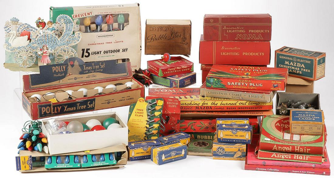 MASSIVE GROUP OF VINTAGE CHRISTMAS DEORATIONS: MASSIVE GROUP OF VINTAGE CHRISTMAS DEORATIONS. Comprising a good group of over two dozen vintage Christmas decorations, primarily lights in their original box by various makers and different types, in