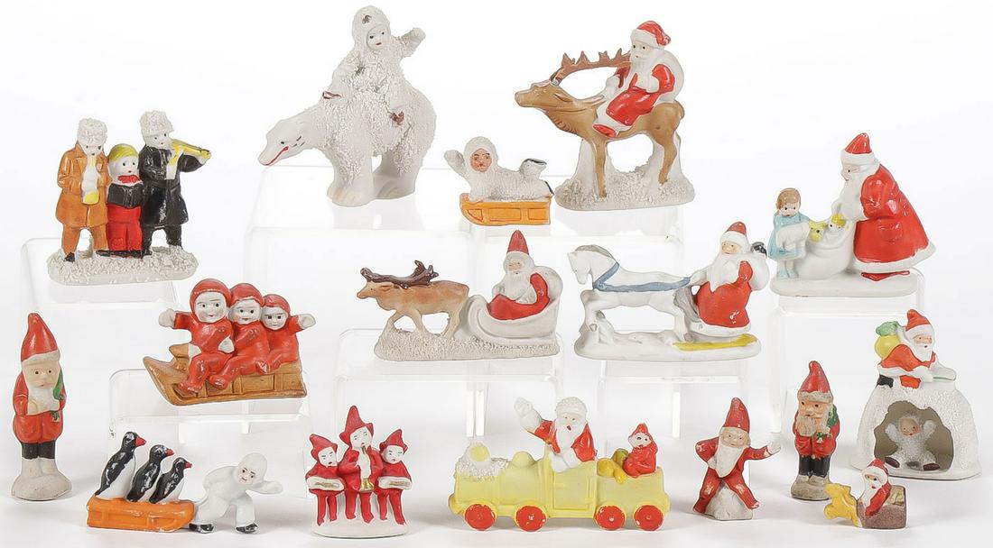 45+ BISQUE DOLLS & XMAS FIGURES: 45+ BISQUE DOLLS & XMAS FIGURES. Comprising 17 German bisque Christmas figurines, mostly Santas. As well as some snow babies, including many rare examples as shown. Together with over 30 bisque dolls,