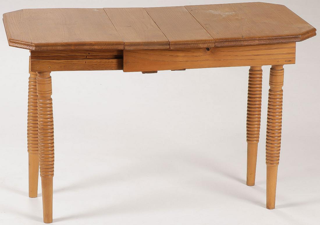 A SALESMAN SAMPLE/DOLL TABLE: A SALESMAN SAMPLE/DOLL TABLE. Comprising a salesman sample of a dining table with rectangular form top set on four turned legs and accompanied by two leaves. 19 inches x 15 inches x 18 inchesSHIPPING