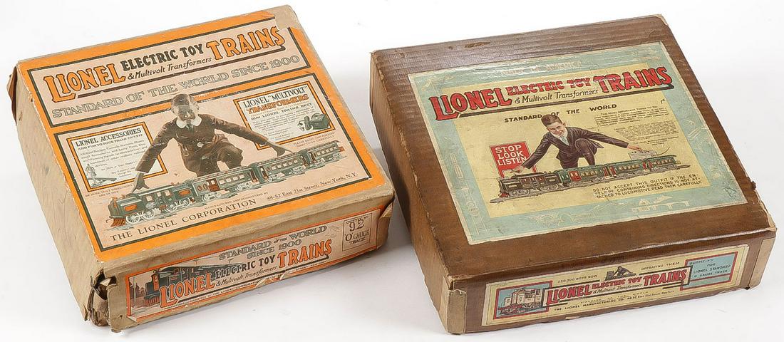 VINTAGE BOXED LIONEL TRAINS AND ACCESSORIES: VINTAGE BOXED LIONEL TRAINS AND ACCESSORIES. Comprising a three-car and transformer box set, together with a boxed set of tracks as shown.SHIPPING NOTICE:Jackson's is your sole and only source for o