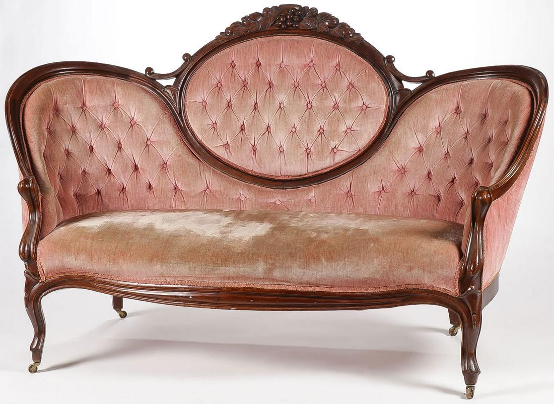FINE 3-PC VICTORIAN CARVED WALNUT PARLOR SET: FINE 3-PC VICTORIAN CARVED WALNUT PARLOR SET. Comprising a settee, an arm chair, and a side chair. The sofa triple crested with fruit and floral details above molded serpentine rail with enclosed side