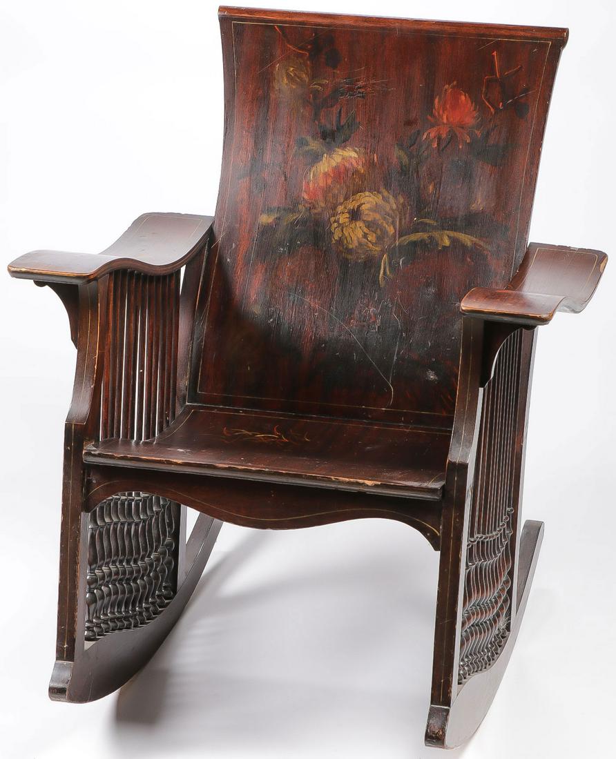 PAINTED AESTHETIC MOVEMENT ROCKING CHAIR: PAINTED AESTHETIC MOVEMENT ROCKING CHAIR. Comprising a rocking chair with solid seatback and painted floral motif flanked by similarly decorated arms above slated sides. 27 inches x 30 inches x 33 inc