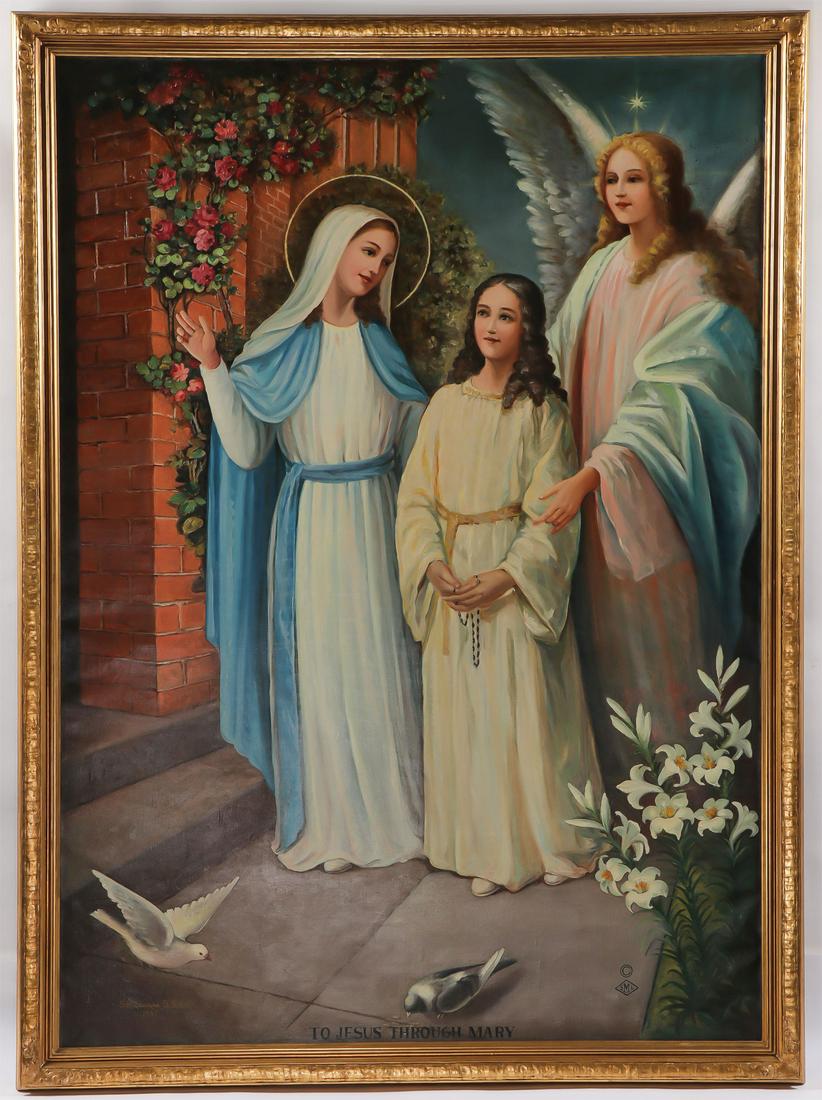NEWCOMB MACKLIN FRAME W/ RELIGIOUS PAINTING: NEWCOMB MACKLIN FRAME W/ RELIGIOUS PAINTING. Comprising a large and impressive gilt Newcomb Macklin frame containing an oil on canvas painting depicting The Virgin and Guardian Angel accompanying a So
