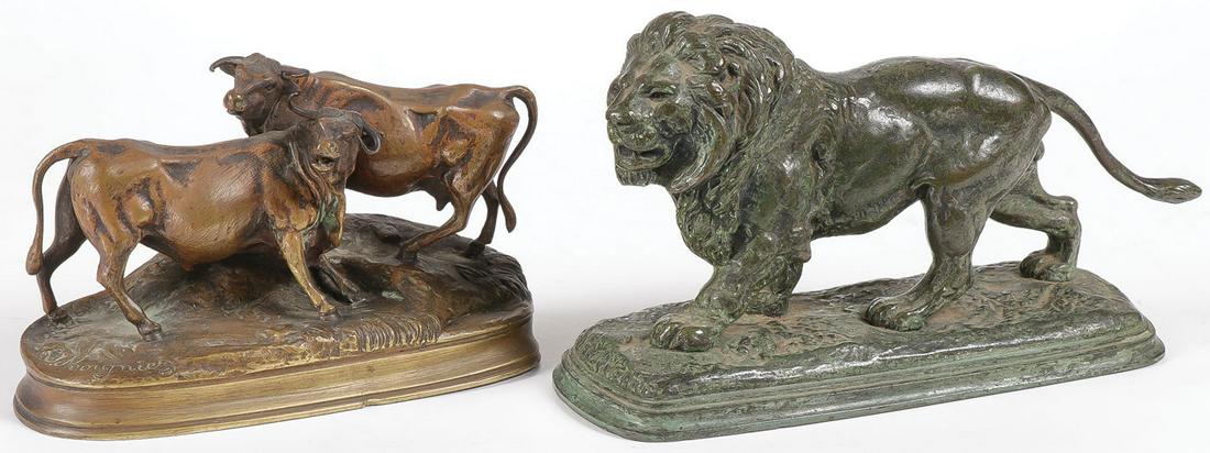 PAIR FRENCH ANIMAL BRONZES 19TH C: PAIR FRENCH ANIMAL BRONZES 19TH C. Comprising a petite bronze group of cattle signed on base by Jules Moigniez, length 4.3 inches. And a male lion with verdigris patina signed on base E. Delabrierre (